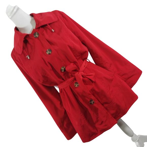 LONDON FOG "TOWNE!" RACY RED COTTON DUCK BELTED RAINCOAT, W/BUTTON ON HOOD! SZ L - Picture 1 of 13